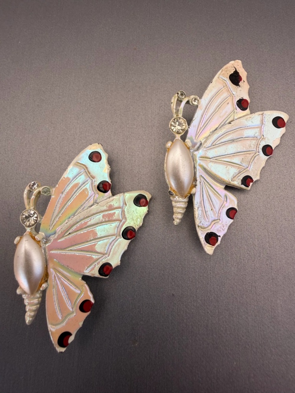 Iridescent White Enamel Butterfly Rhinestone Earrings with Red Enamel Accent